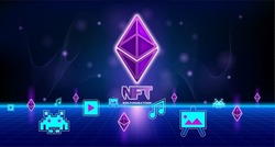 NFT non fungible tokens in artwork, games. Blockchain technology in digital crypto art. Ethereum coins on futuristic neon dark background. 3D Vector illustration.