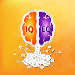 IQ and EQ. Emotional intelligence. Heart and brain on balanced scale symbol. Intelligence Quotient and Emotional Quotient of a child. Design logo products in the form of the brain. Vector EPS10.