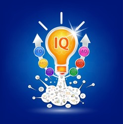 IQ Emotional intelligence. Heart and brain on balanced scale symbol. Intelligence Quotient and Emotional Quotient of a child. Design logo products in the form of the light bulb. Vector EPS10.