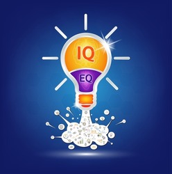 IQ and EQ. Emotional intelligence. Heart and brain on balanced scale symbol. Intelligence Quotient and Emotional Quotient of a child. Design logo products in the form of the light bulb. Vector EPS10.