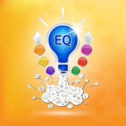 EQ, IQ Emotional intelligence. Heart and brain on balanced scale symbol. Intelligence Quotient and Emotional Quotient of a child. Design logo products in the form of the light bulb. Vector EPS10.