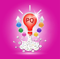 PQ, IQ Emotional intelligence. Heart and brain on balanced scale symbol. Intelligence Quotient and Play Quotient of a child. Design logo products in the form of the light bulb. Vector EPS10.