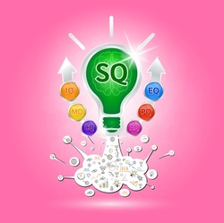 SQ, IQ Emotional intelligence. Heart and brain on balanced scale symbol. Intelligence Quotient and Social Quotient of a child. Design logo products in the form of the light bulb. Vector EPS10.