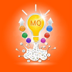 MQ, IQ Emotional intelligence. Heart and brain on balanced scale symbol. Intelligence Quotient and Moral Quotient of a child. Design logo products in the form of the light bulb. Vector EPS10.