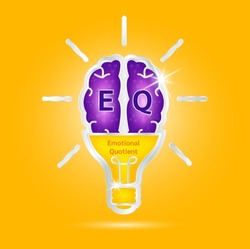 EQ Emotional intelligence. Heart and brain on balanced scale symbol. Intelligence Quotient and Emotional Quotient of a child. Design logo products in the form of the brain, light bulb. Vector EPS10.