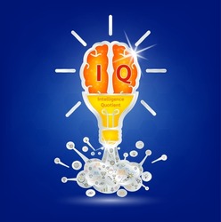 IQ Emotional intelligence. Heart and brain on balance scale symbol. Intelligence Quotient of a child. Design logo products in the form of the brain, light bulb orange on a blue background. Vector.