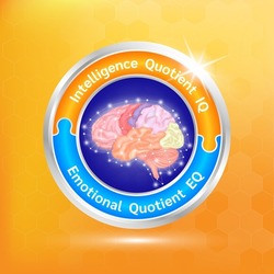 label aluminum round shape. IQ EQ Emotional intelligence. Heart and brain on balanced scale symbol. Intelligence Quotient and Emotional Quotient of a child. 3D Vector EPS10.