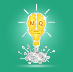 MQ Emotional intelligence. Heart and brain on balanced scale symbol. Moral Quotient of a child. Design logo products in the form of the brain, light bulb yellow on a green background. Vector EPS10.