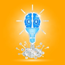 CQ Emotional intelligence. Heart and brain on balanced scale symbol. Creativity Quotient of a child. Design logo products in the form of the brain, light bulb blue on a orange background. Vector.