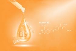 Vitamin B9 serum liquid gel in dropper and structure. Cream collagen complex with chemical formula from nature skin care vitamins. On orange background 3D realistic vector. Medical scientific concept.