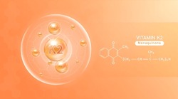 Vitamin K2 orange and structure. Vitamin solution complex with Chemical formula from nature. Beauty treatment nutrition skin care design. Medical and scientific concepts. Banner 3D vector EPS10.