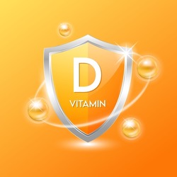 Vitamin D shield with orange atom. Protect the body stay healthy. For nutrition products food. Medical scientific concepts. Vector illustration.