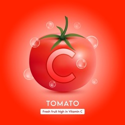 Fresh tomato with letter c and bubbles. Fruit rich of high vitamins minerals for health supplement. 3D Realistic on red background. For nutrition products food. Medical healthy concepts. Vector.