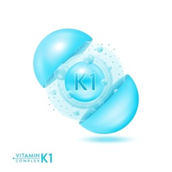 Vitamin K1 shining pill capsule. Skincare beauty treatment with vitamins complex with cholecalciferol. Blue ball with bubbles isolated on white background. Cosmetic beauty product design vector. 