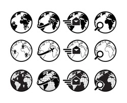 world globe icon collection for web commerce technology with outline black and white vector art