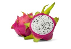 Dragon fruit is cut in half, the flesh is juicy white with black beads. isolated on white background