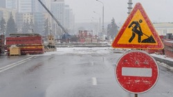 Road Closed sign in winter. Traffic is prohibited, the road is closed for maintenance, construction work. Sign repair works. Citylife concepts.