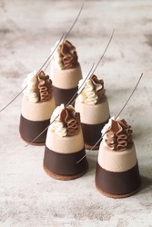 Double Chocolate Mini Mousse Cakes, garnished with whipped white and milk chocolate cream, on light background.