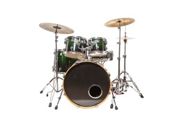 Drum set with green color stands on a white background