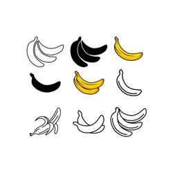  Banana icon collection - vector outline and silhouette.  banana icon isolated on white background.banana vector icon simple and modern flat symbol for web site, mobile, logo, app, UI.
