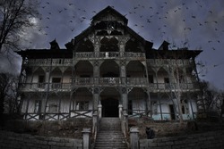 Haunted House with Dark Horror Atmosphere, many crows and a Black Cat with Green eyes. Haunted Scene House