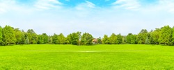Green grass and green trees in beautiful park with white clouds blue sky in noon. Styled stock photo with golf course playground in a sunny summer day  perfect for banner or background.