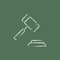 Auction gavel hand drawn in chalk on a blackboard vector white icon isolated on a green background.