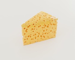 Triangular piece of yellow cheese with holes, isolated on white background, hi-res food image.