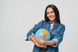 Geography concept. Caucasian young woman eco-activist hugging embracing Earth globe with care, protecting planet from contamination, garbage, traveling abroad isolated in white background