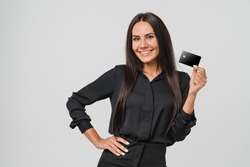 E-banking, e-commerce. Businesswoman bank manager employee worker ceo boss using credit card for online payments, shopping, loan, startup, mortgage, cashback isolated in white background