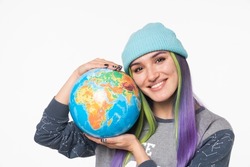 Closeup cropped caucasian eco-friendly young woman hipster embracing hugging globe, protecting against coronavirus pandemic pollution contamination isolated in white