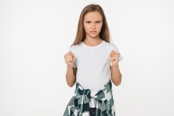 Abuse aggression concept. Caucasian sad disappointed offended angry young preteen teenage girl schoolgirl daughter feeling negative emotions isolated in white background