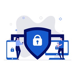 Cyber security vector illustration concept with characters. Data security, protected access control, privacy data protection. Modern flat style for landing page, web banner, infographics, hero images.