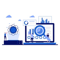 Data science concept with character. Online data storage technologies. Automated web analytics, financial forecast, market research. Modern flat illustration for landing page, infographic, hero image.