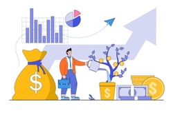 Make money to get rich, increase earning and income, investment profit growth, financial advisor or wealth management concepts illustrations. Businessman investor watering money tree with big arrow.