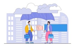 Employee care benefit, worker protection or insurance, boss or manager to safeguard team and coworkers, leader to assist employee concepts. Giant hands cover team member from rainstorm with umbrella.
