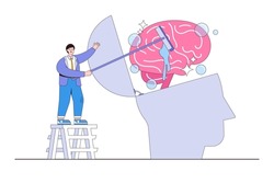 Clear your mind to recover focus, increase your creative thinking capacity, and expand your memory concepts illustrations. Ambitious businessman wash and clean the brain in his big head, brainwashing.