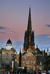 Tower of the Hub across from the Camera Obscura in Edinburgh, Scotland at sunset