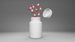 Pill bottle on red background for use in presentations, education manuals, design, etc 3D illustration