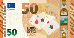 Vector obverse of the lucky banknote of the European Union, denomination of 50 euros. Four aces. Fortune paper money of Europe