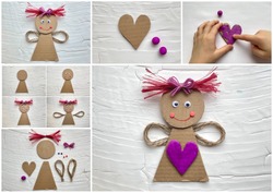 Collage, instructions on how to make a doll with a heart from cardboard recycling, kids craft.