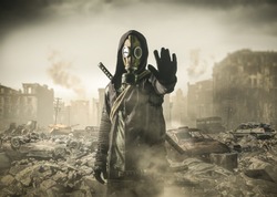 man in gas mask says stop the destruction in the world. , post Apocalypse