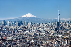 Tokyo skyline with Mt Fuji and Skytree, Japan
