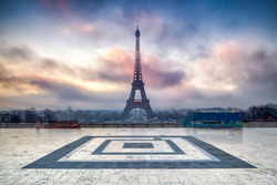 Eiffel Tower at sunrise seen from Place du Trocadero, Paris, France