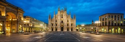 Panoramic view of Piazza del Duomo (Cathedral Square) at night, Milan, Italy
