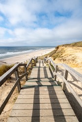 Wooden stairs leading to the beach near the Rotes Kliff (red cliff), Kampen, Sylt, Schleswig-Holstein