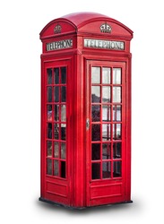 Red phone box in London over white background, United Kingdom,