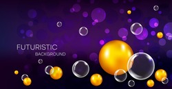 Realistic background with colorful bubbles and reflection effect. Transparent and yellow balls with highlights and a gradient on a purple background.