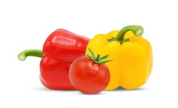 Fresh whole tomato and red yellow bell pepper isolated on white background.