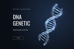 Helix or DNA. Low poly wireframe style. Banner concept for biotech, science, medicine. Technology and innovation in genetic engineering. Polygonal abstract isolated on blue background. Vector